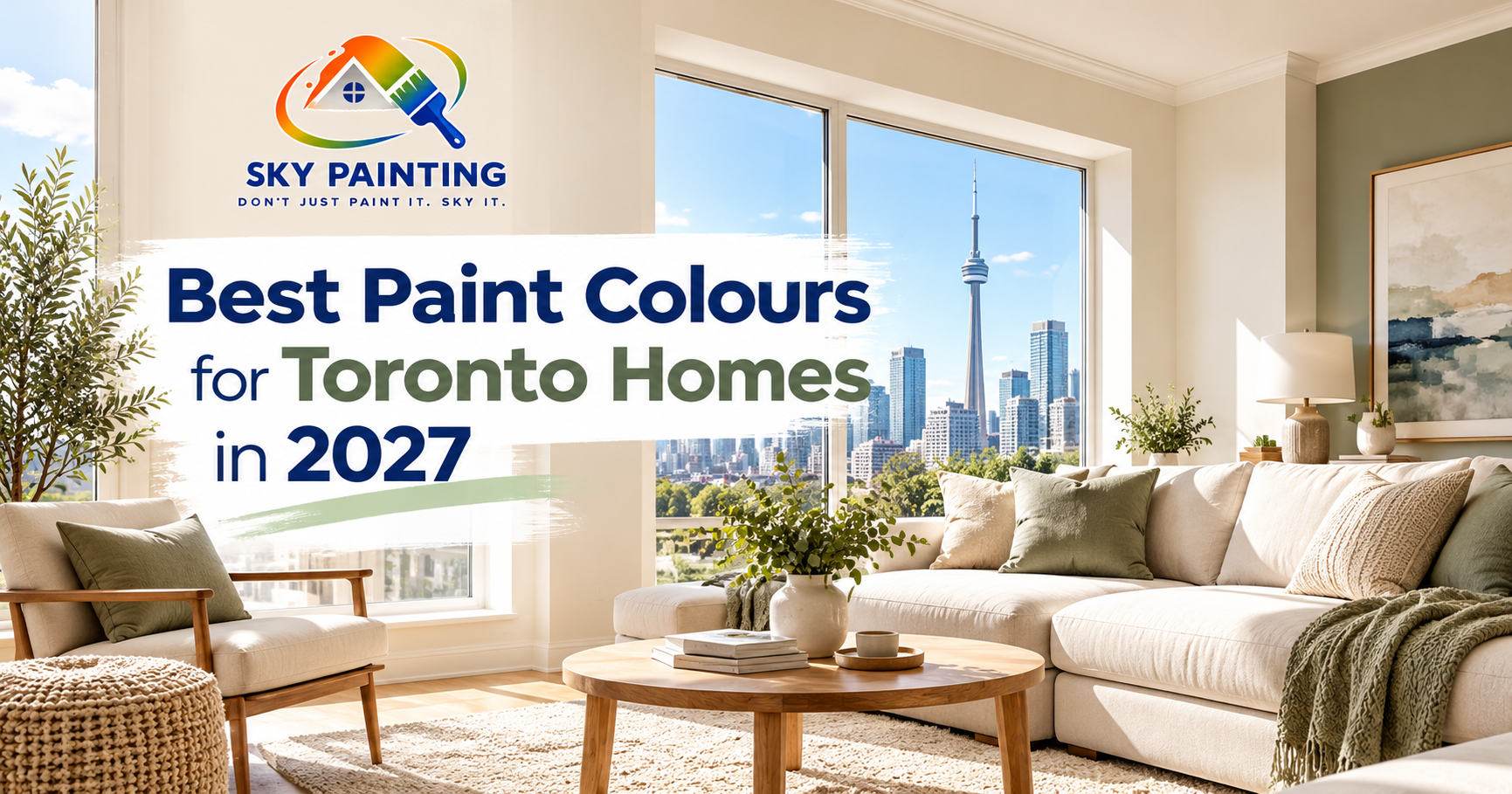 Living room painted in a warm greige tone with white trim