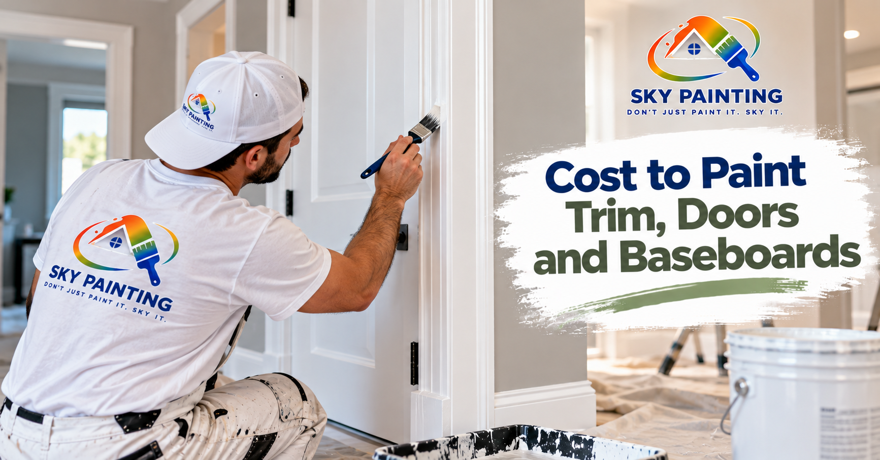 Close-up of freshly painted white baseboards and trim against a painted wall