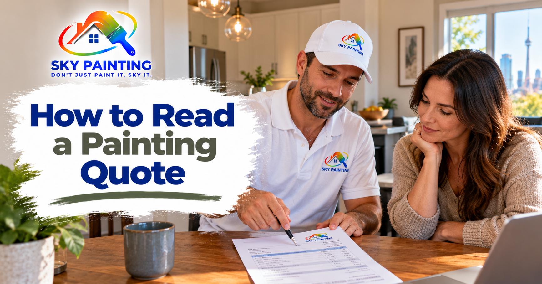 Homeowner reviewing a painting quote document on a kitchen table