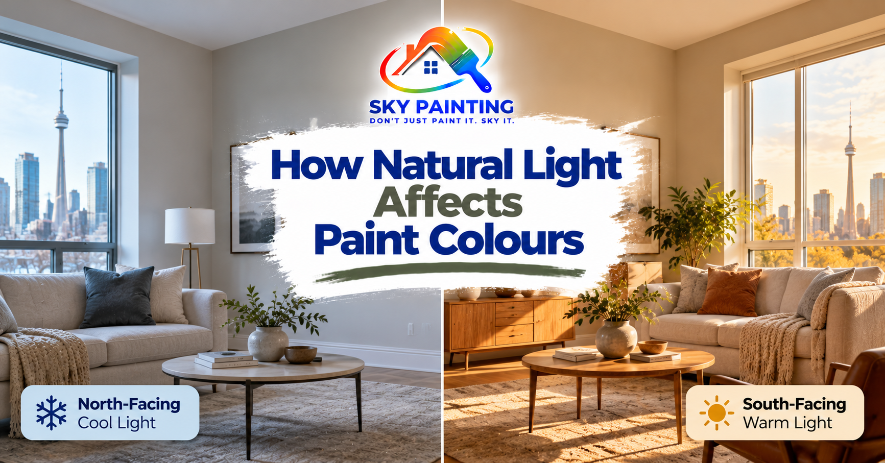 Two Toronto living rooms showing how the same neutral paint colour reads differently in north-facing and south-facing light