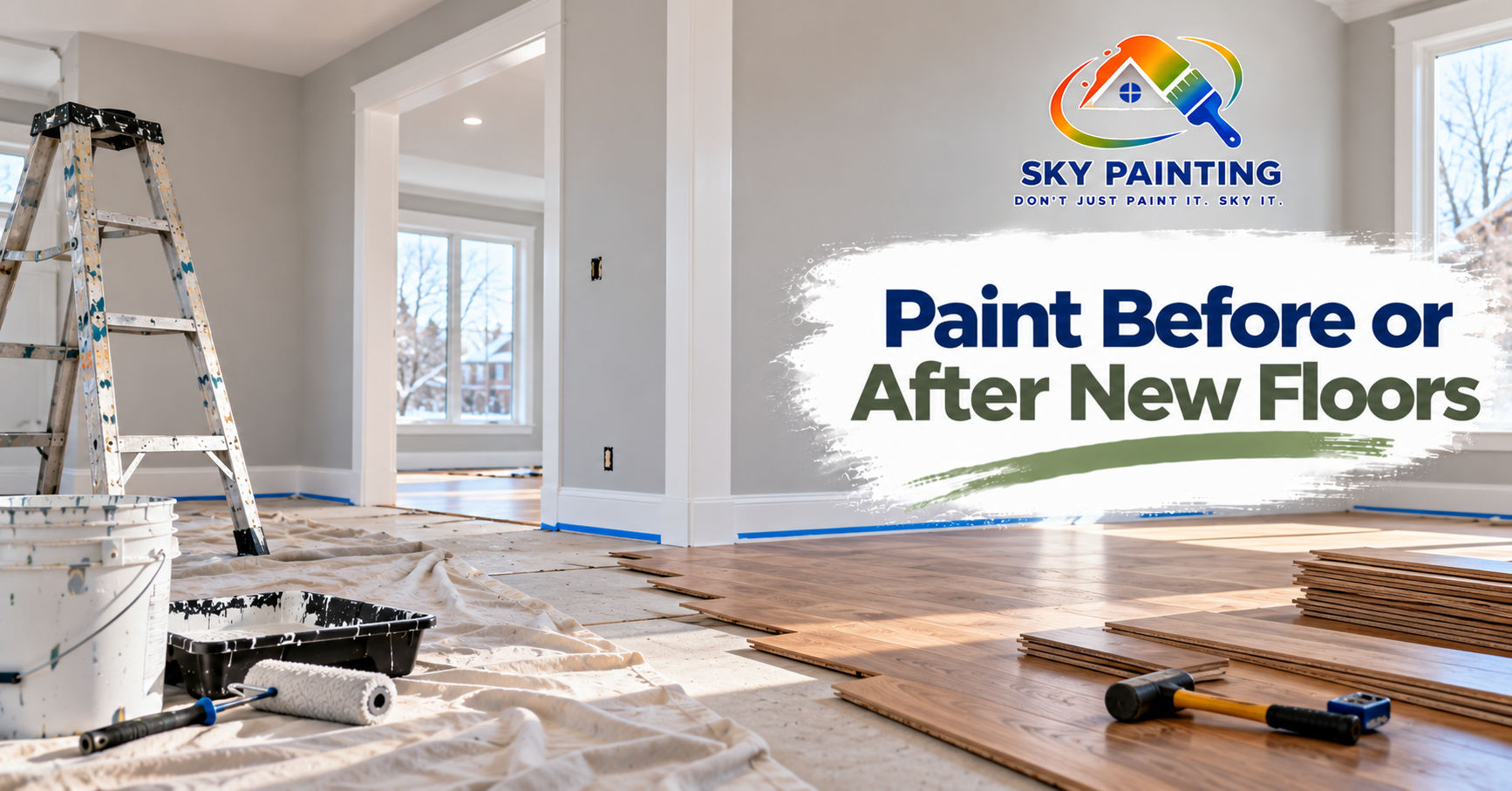 Painter working in a room with subfloor visible and new flooring stacked ready