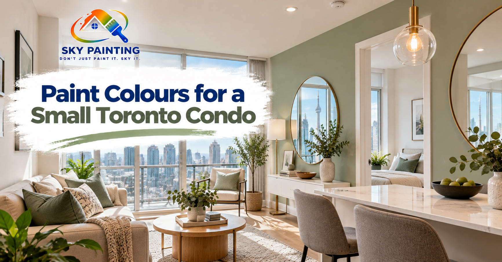 Small Toronto condo living area painted in warm white, feeling spacious