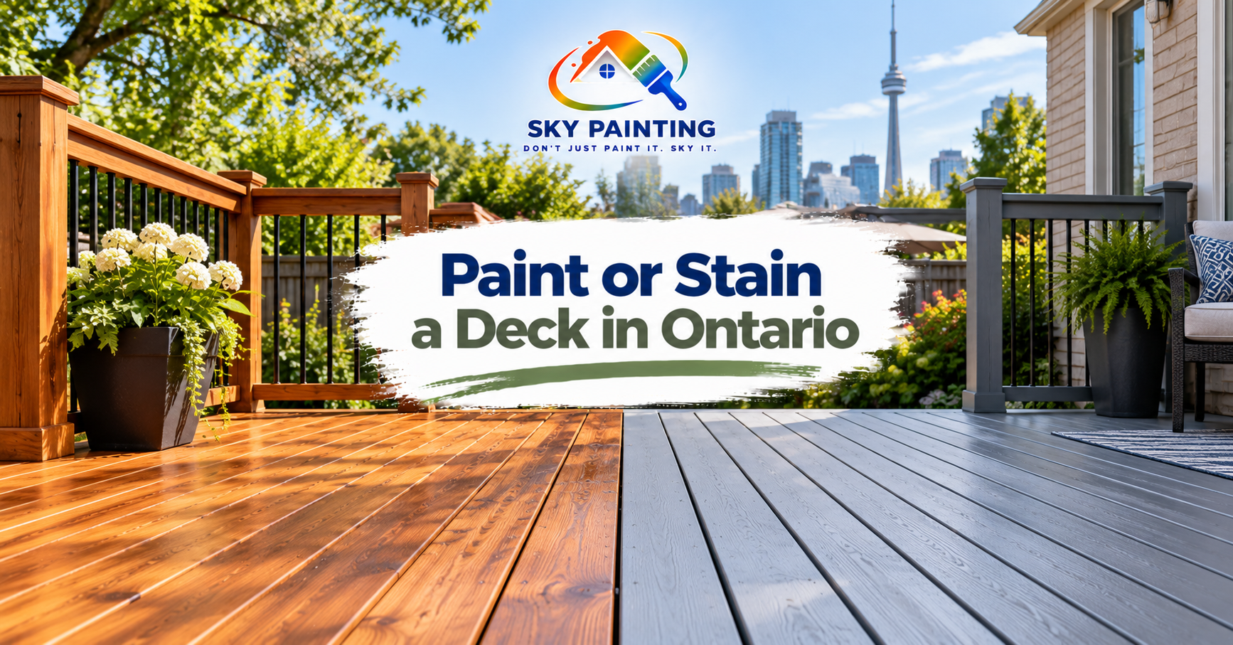 Stained cedar deck in a Toronto backyard with natural wood grain visible
