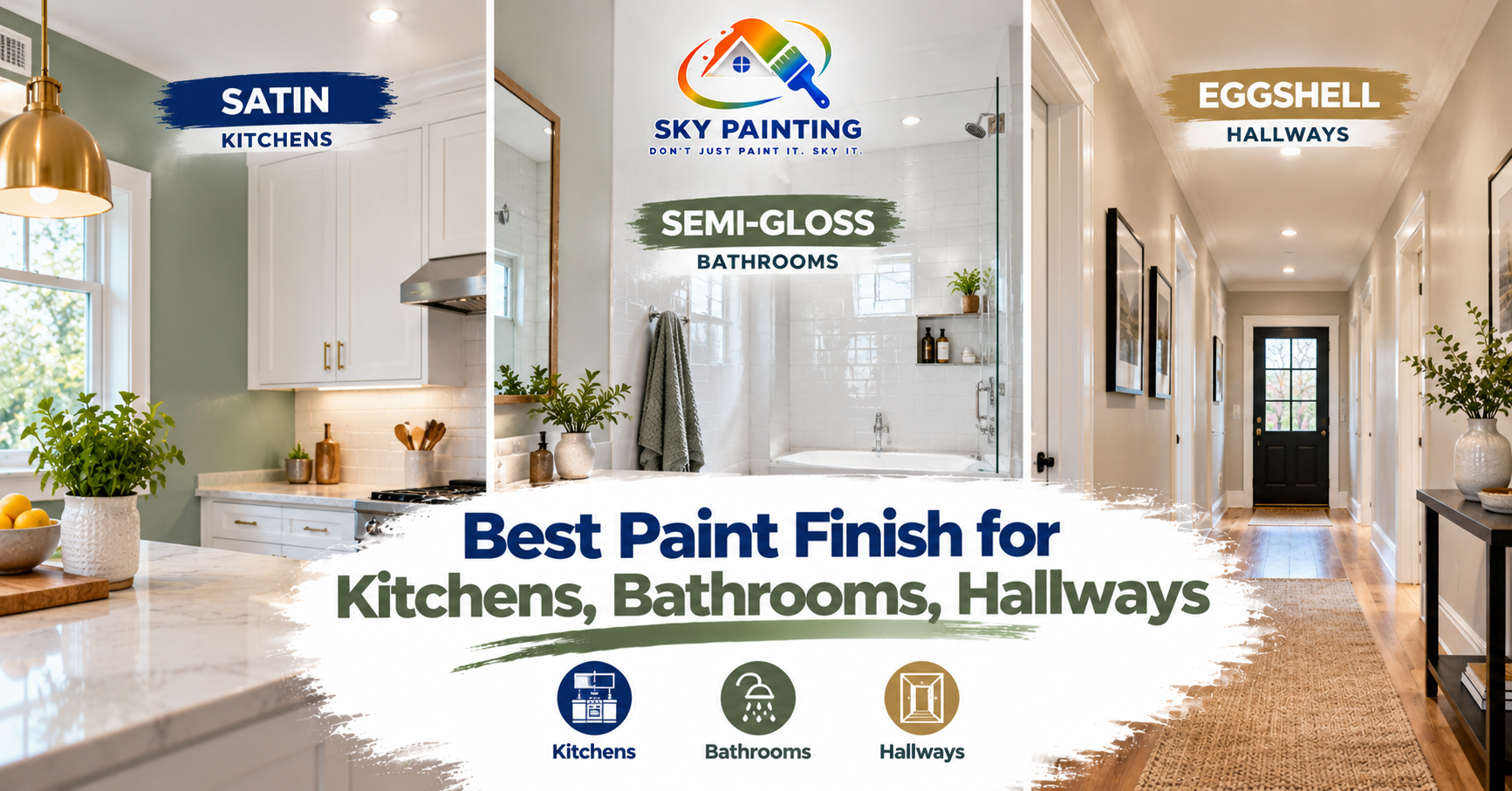 Side-by-side paint finish comparison swatches: flat, eggshell, satin, semi-gloss