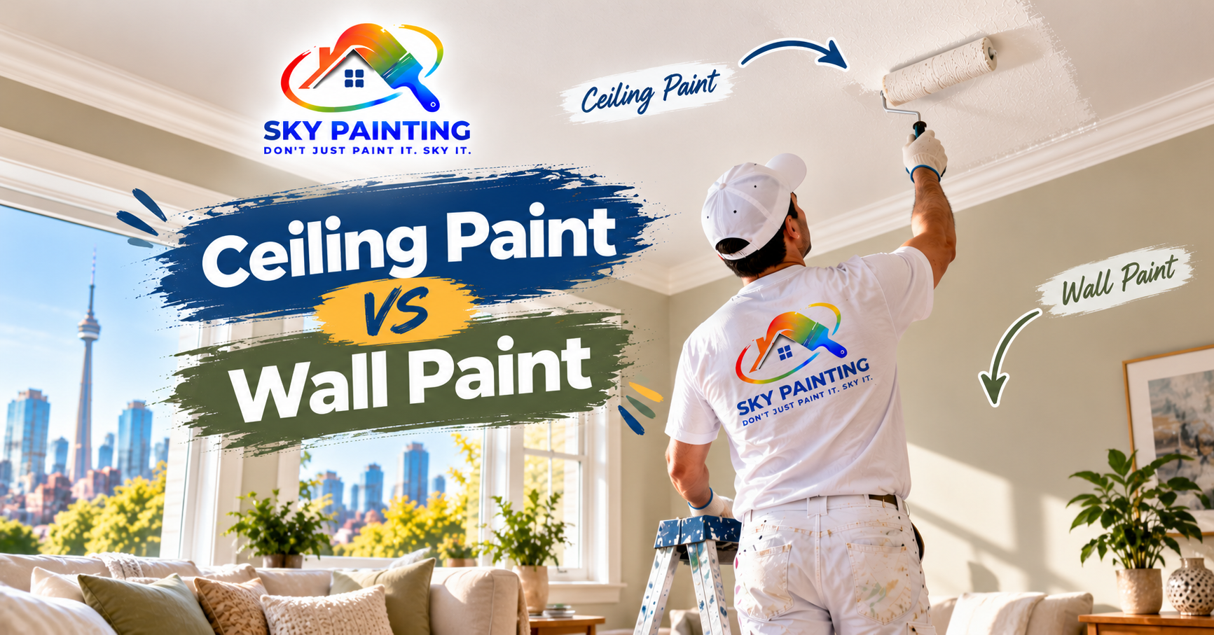 A painter rolling white paint on a bright ceiling in a Toronto home