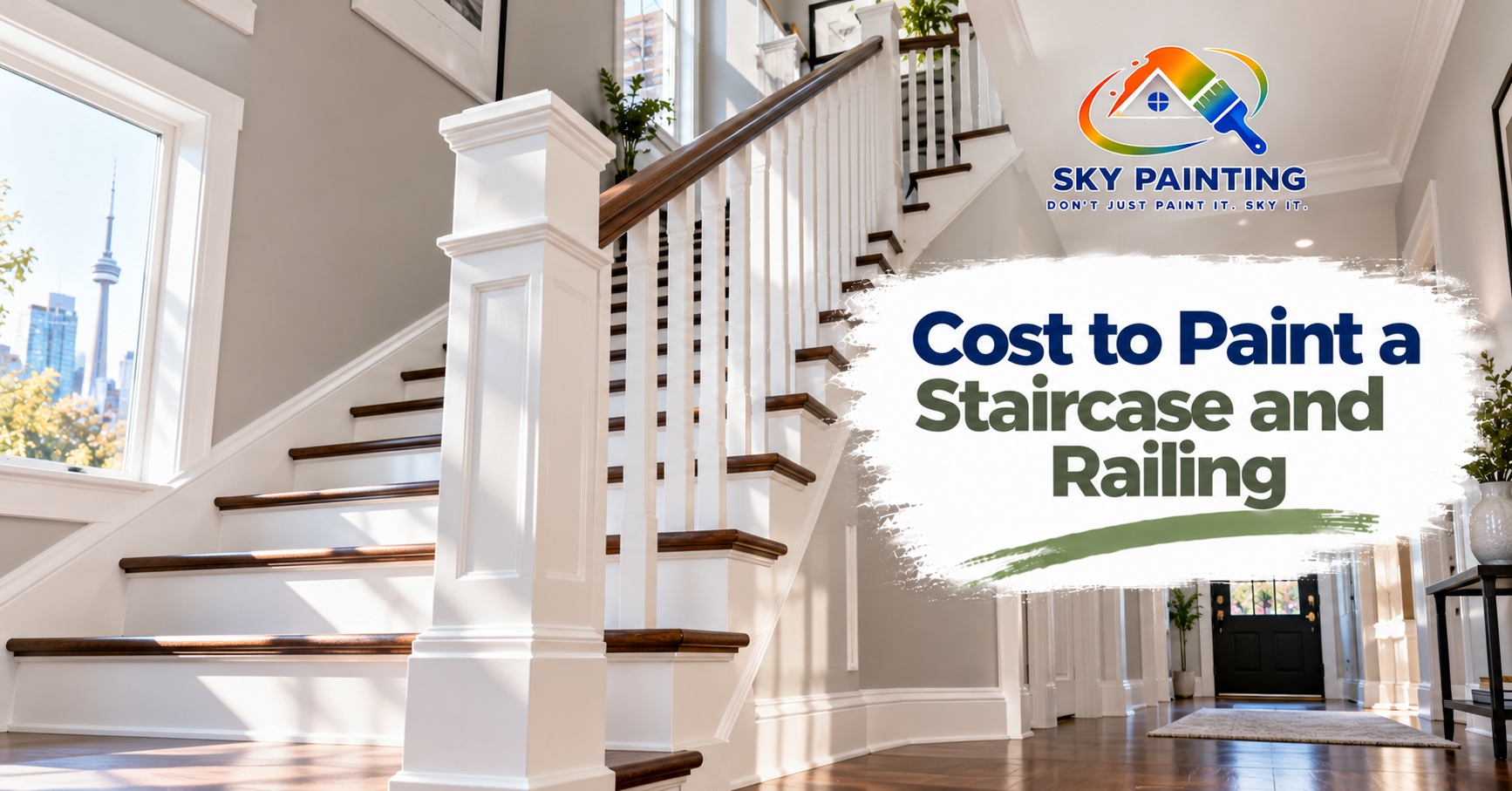 Before and after staircase with dark wood spindles painted white
