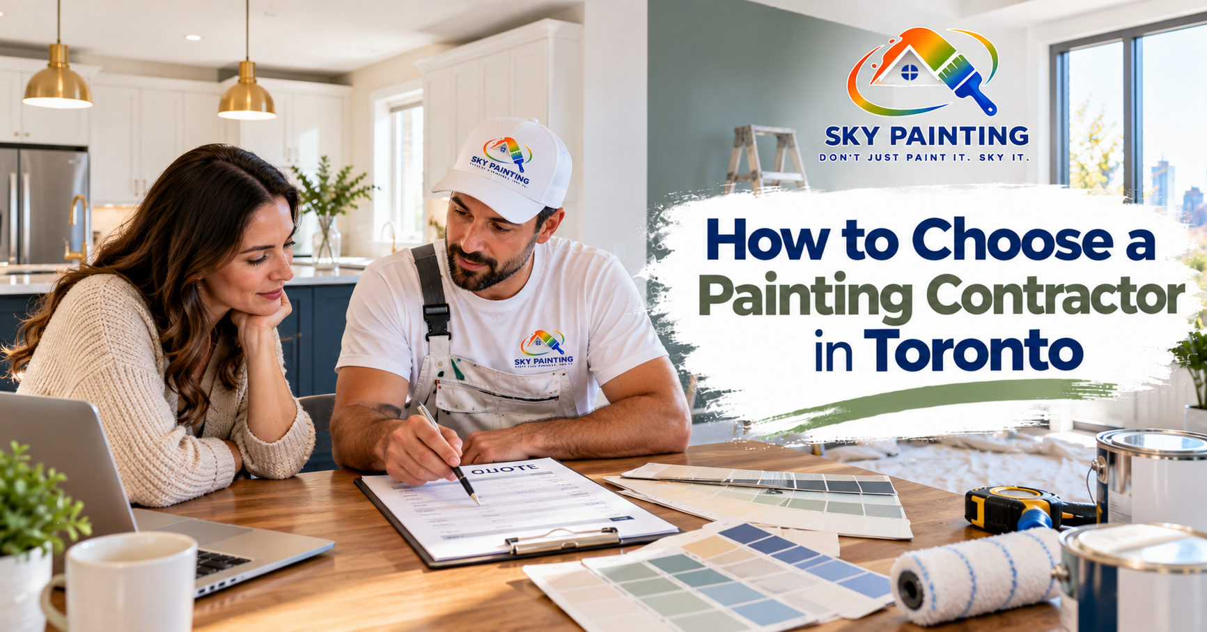 Painting contractor reviewing a written quote with a Toronto homeowner