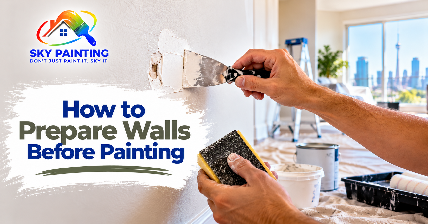 Hands filling a nail hole in a wall with spackling compound before painting