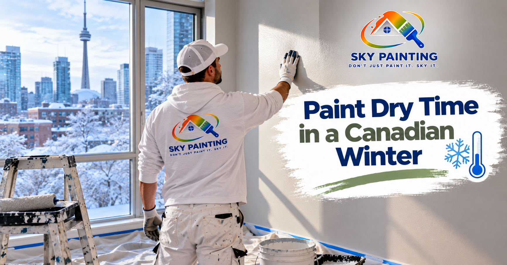Painter working in a brightly heated Toronto living room in winter