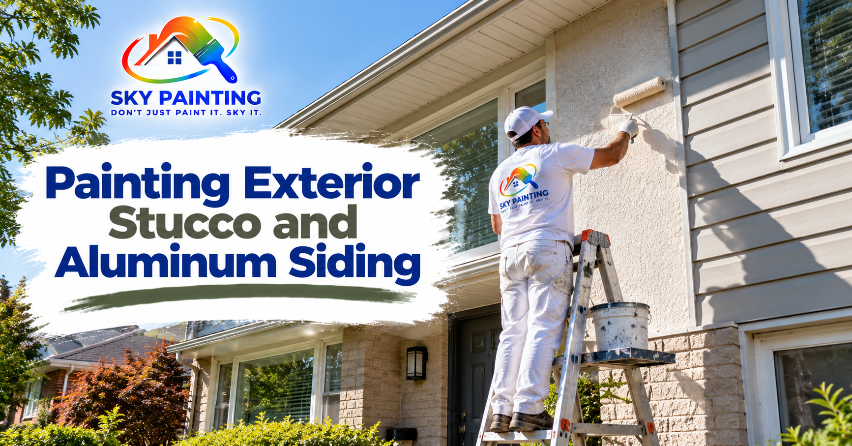 Painter applying paint to the stucco exterior of a Toronto home