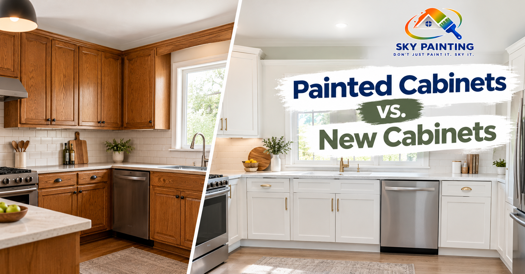 Before and after kitchen cabinet painting from oak to white spray finish