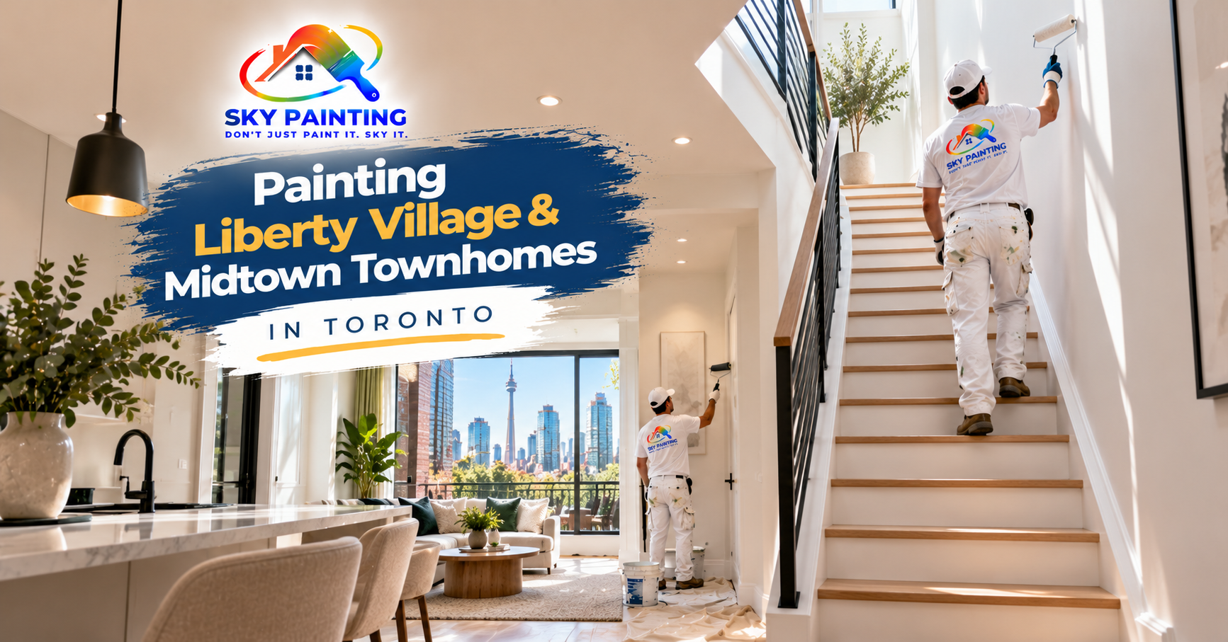 Interior of a modern Toronto townhome in Liberty Village with a freshly painted open staircase