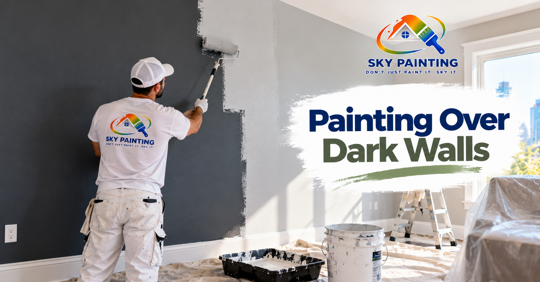 Wall with dark paint partially covered showing uneven coverage without primer