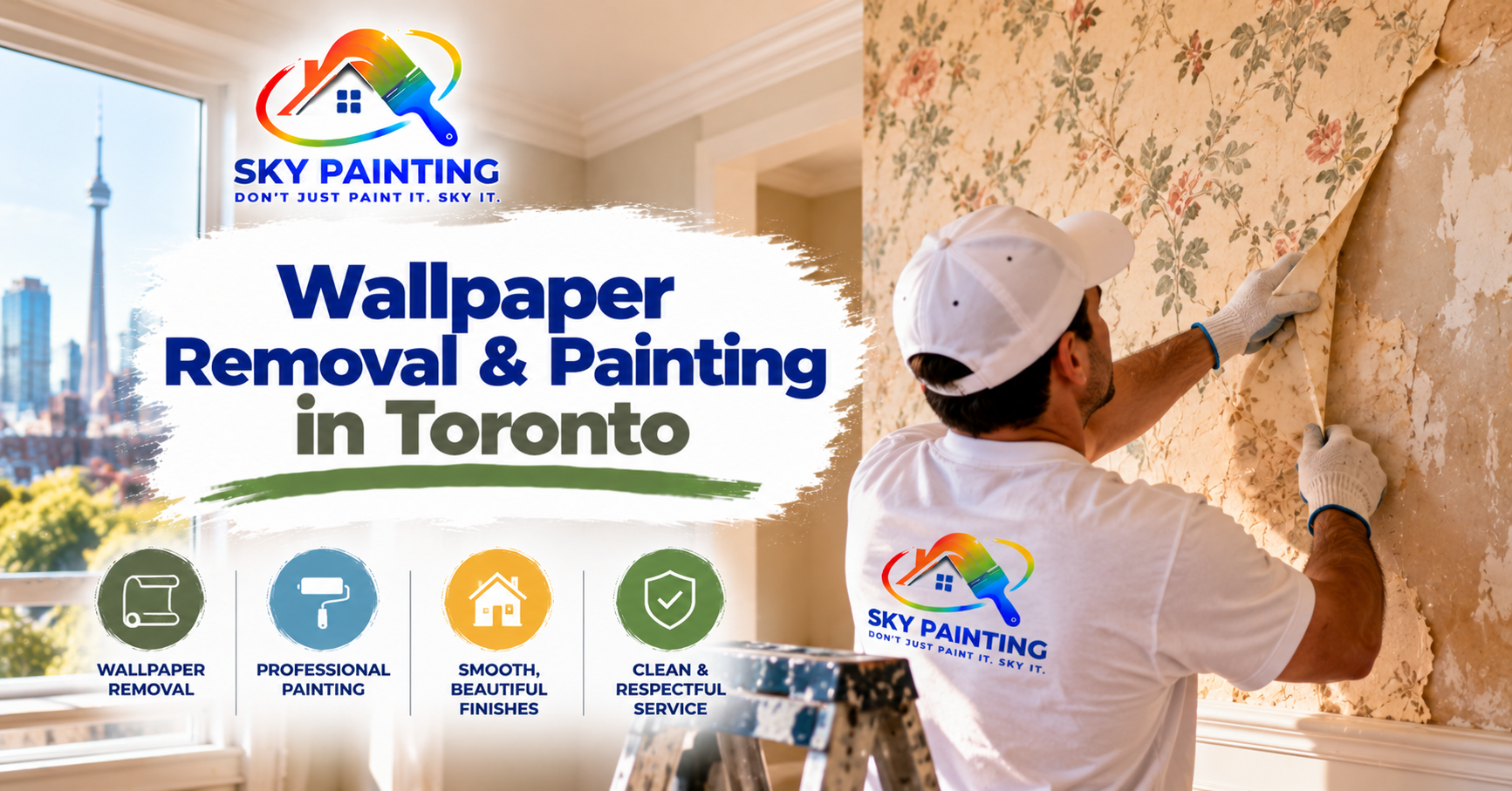 Peeling old floral wallpaper from a wall to reveal drywall underneath