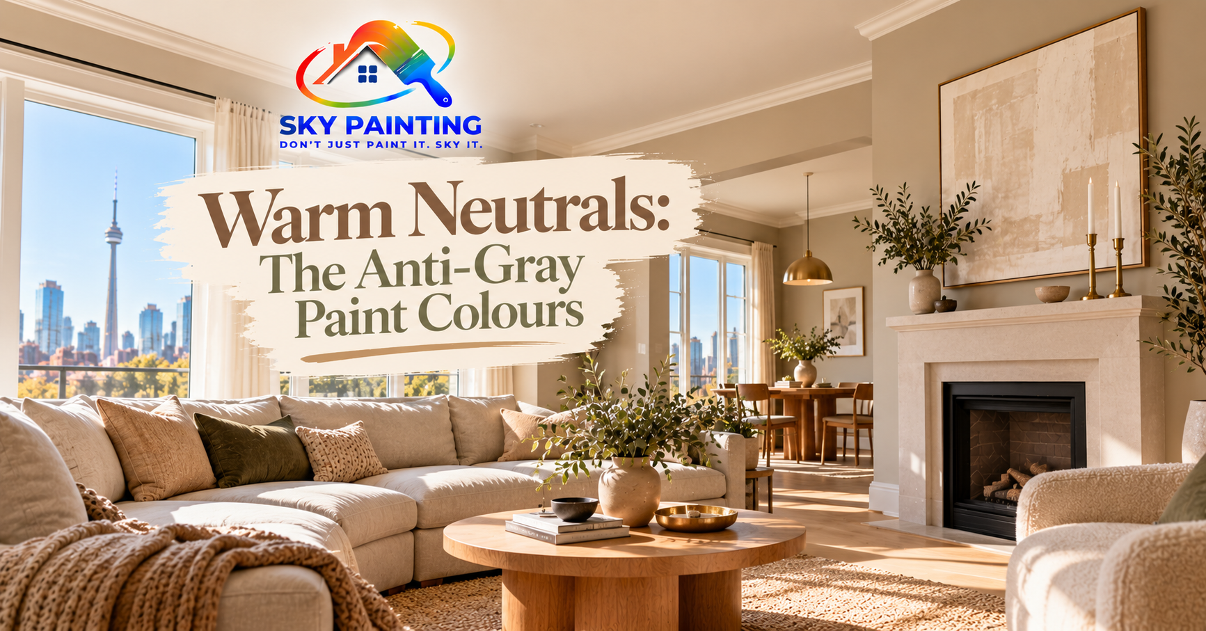 A bright Toronto living room painted in warm greige with white oak floors and linen furniture