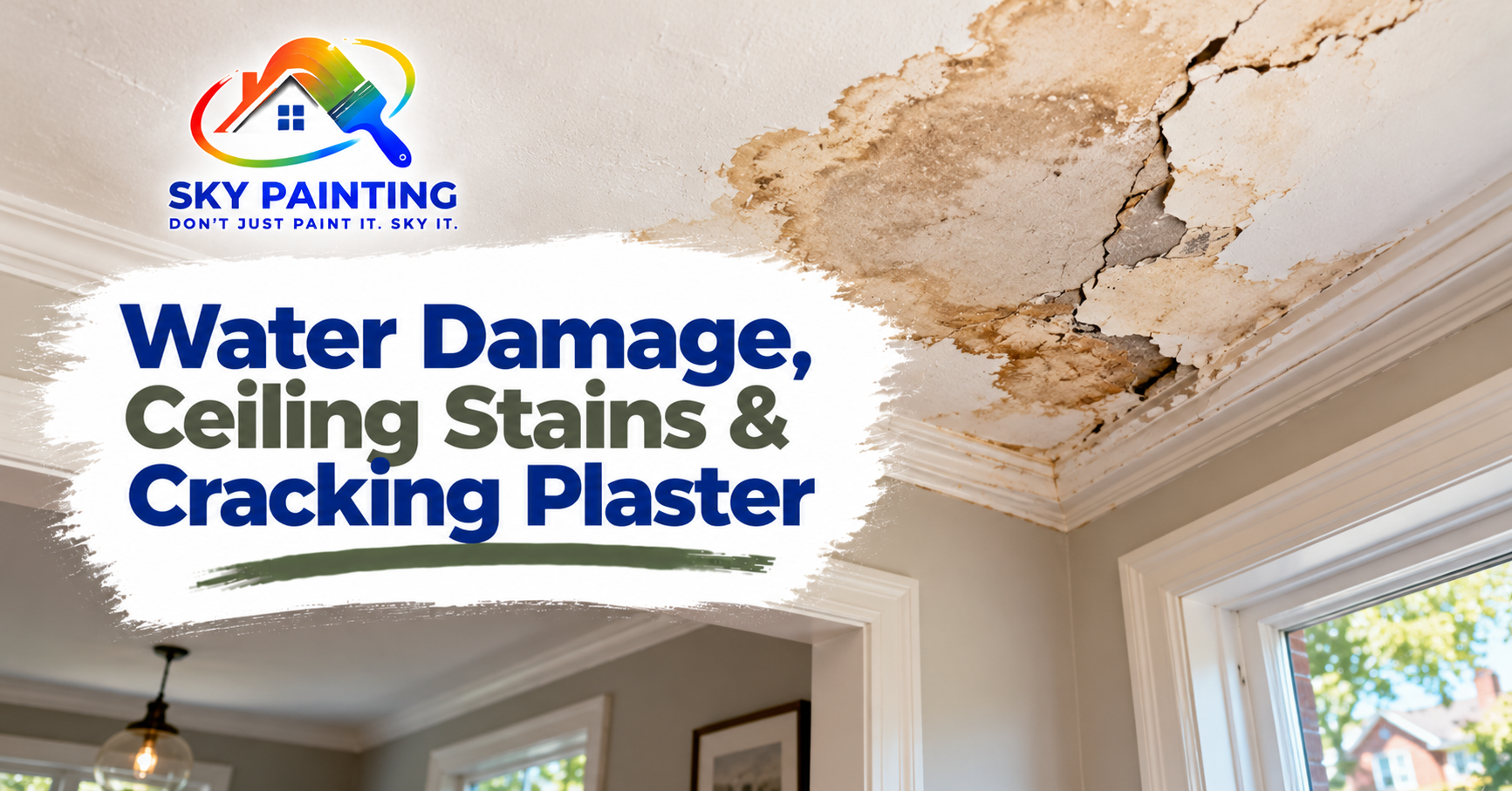 Water stain and cracked plaster on a ceiling in an older Toronto home
